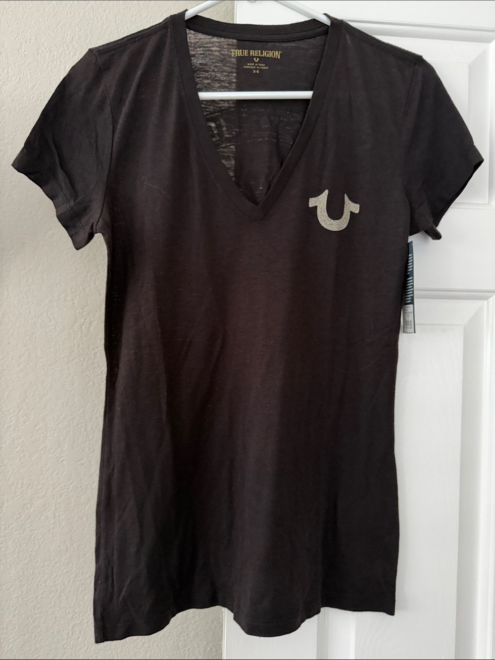 True Religion Black V-Neck Short Sleeve Logo Tee